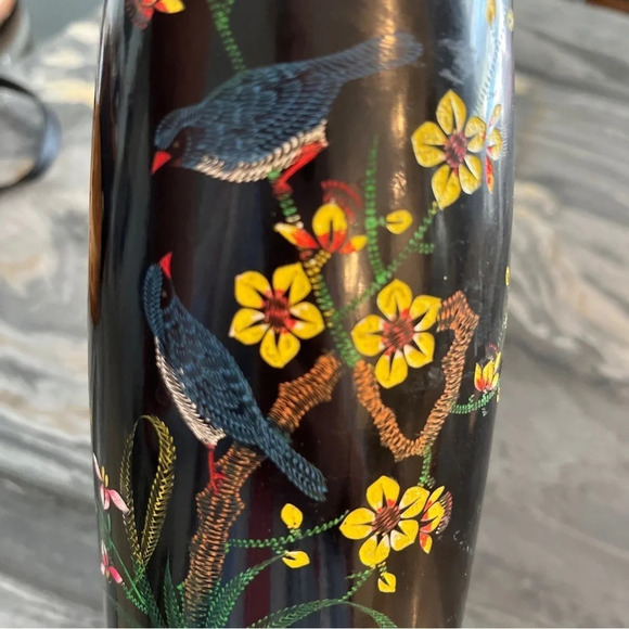 Vintage Lacquered Vase Black Wood Japan Birds Flowers Butterfly 14” - Picture 7 of 10